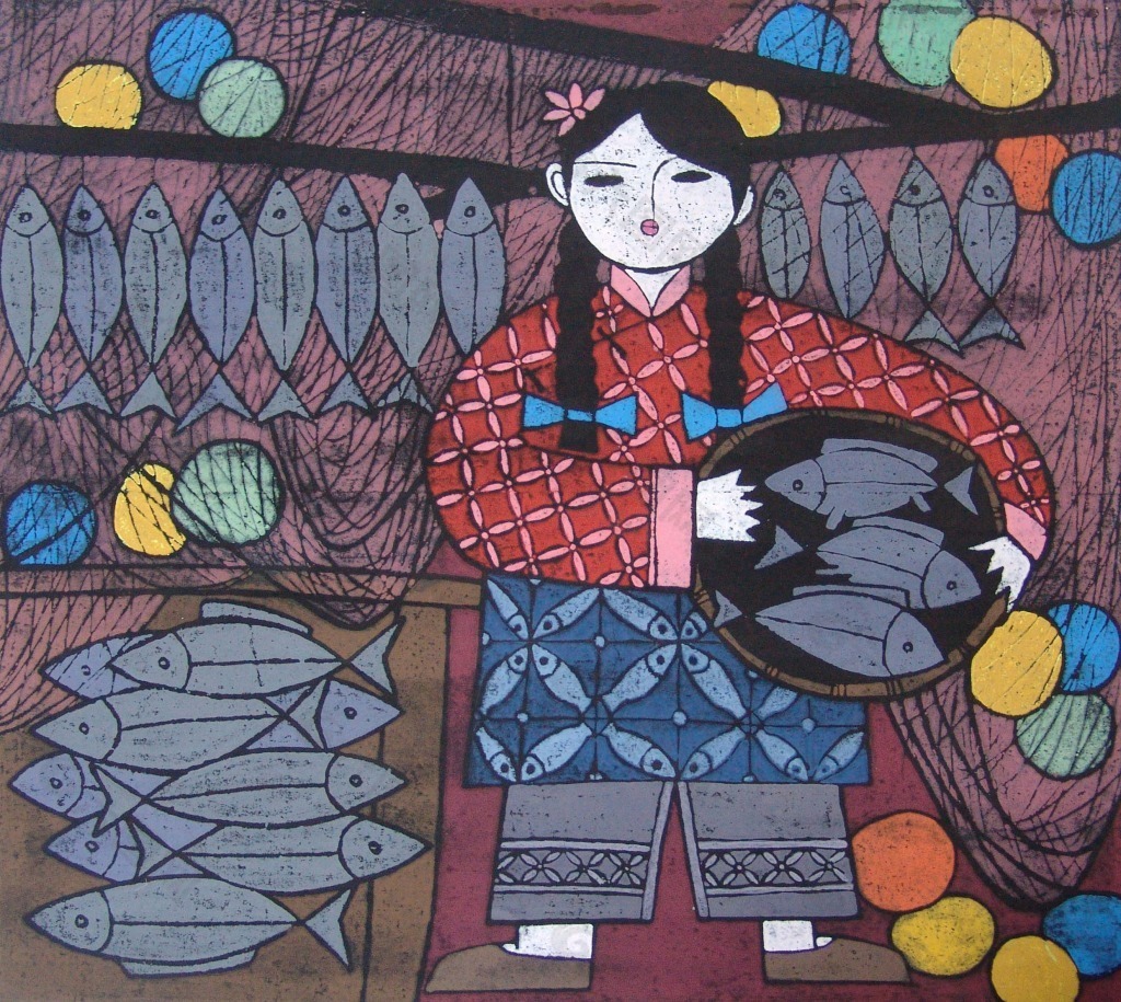 上海宝山吹塑版画 渔家女