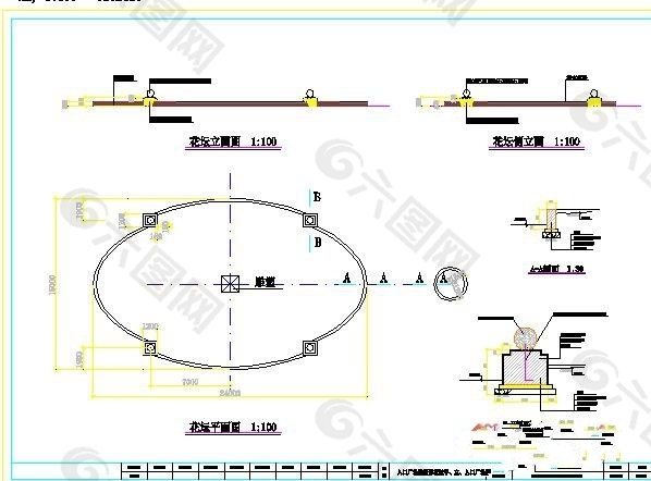 入口广场椭圆形花坛平立剖面图