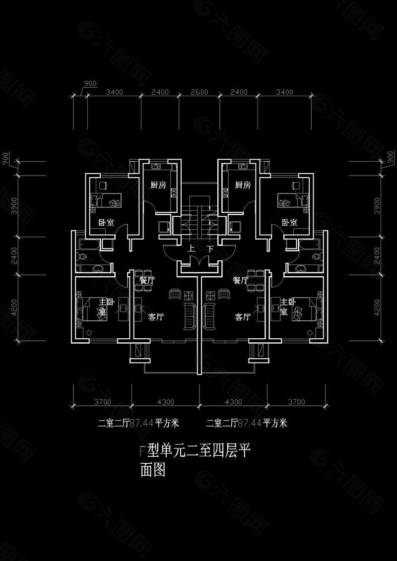 二室二厅cad图纸