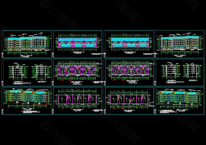 某小区住宅楼设计平立剖面图cad图纸