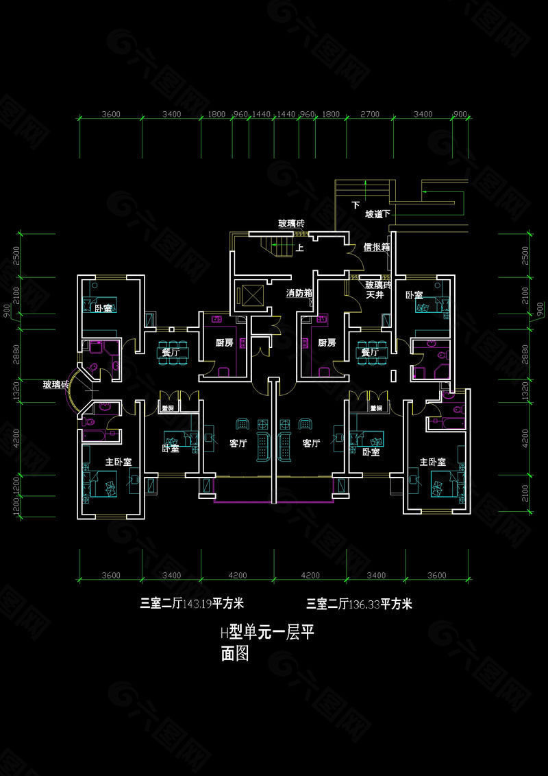 三室二厅143平米cad图纸