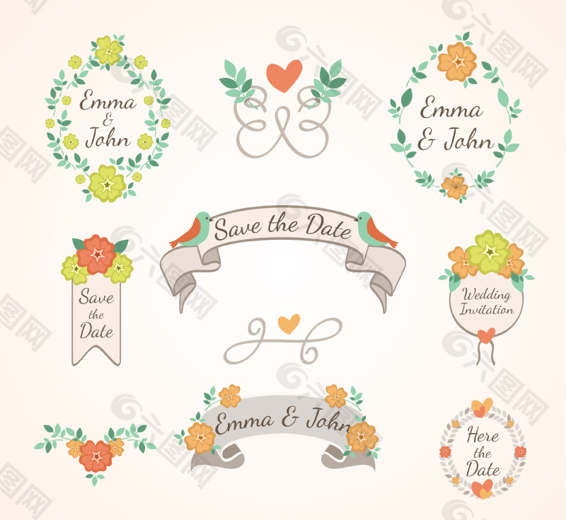 清新花卉婚礼标签