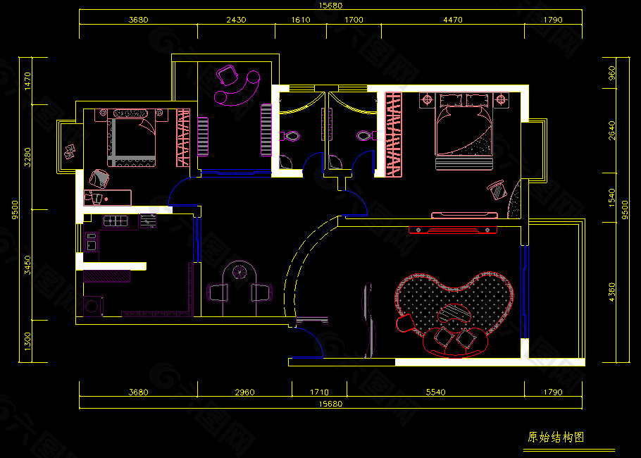 三居室CAD原始结构图源文件设计