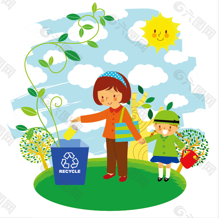 卡通人物妈妈带孩子扔垃圾环保爱护环境