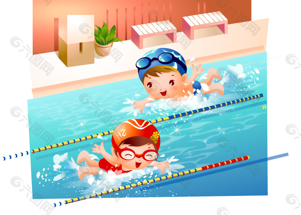 卡通小孩游泳素材