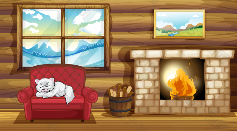 卡通冬季温暖木屋