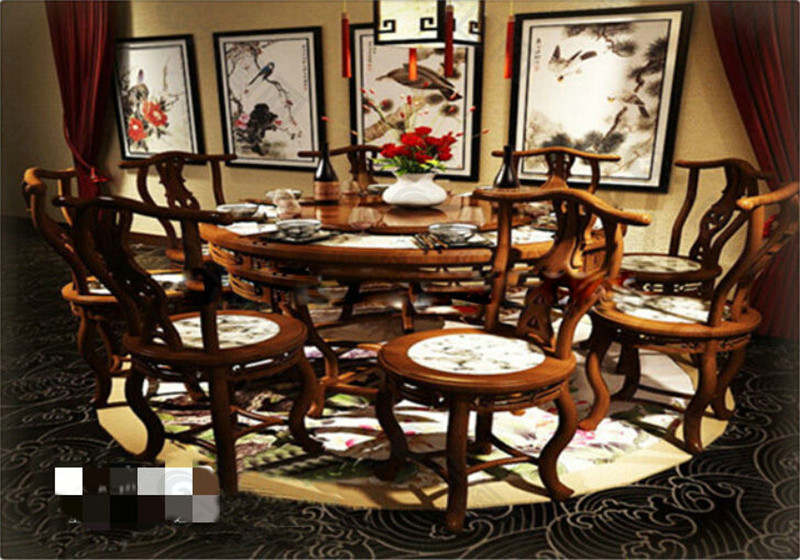 中式圆餐桌椅组合3D模型素材