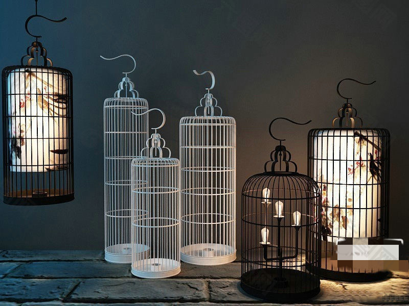 现代中式鸟笼吊灯落地灯组合3D模型素材