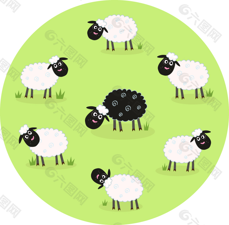 卡通吃草的绵羊群矢量素材