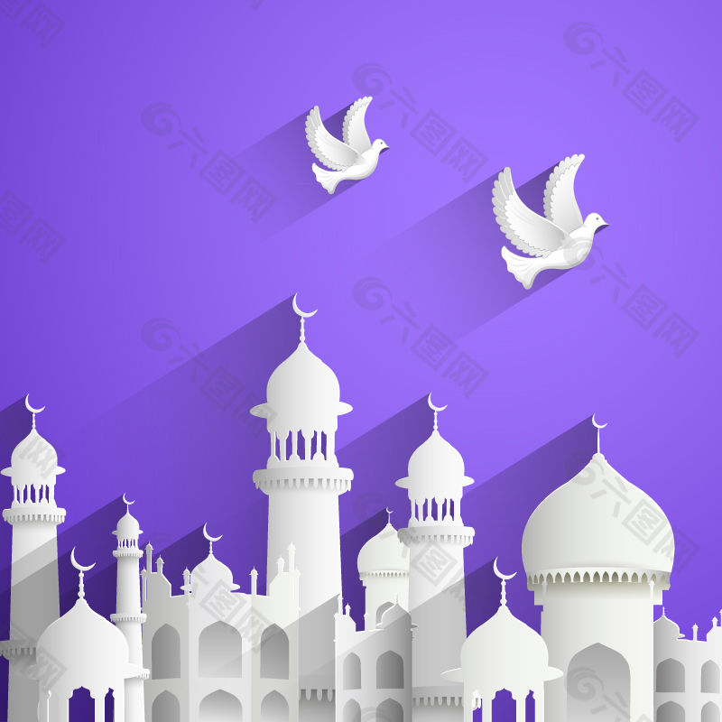 创意伊斯兰建筑与白鸽矢量素材.
