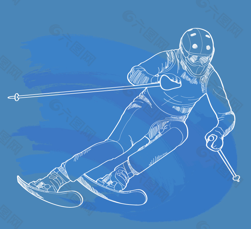 白色手绘滑雪人物矢量素材.