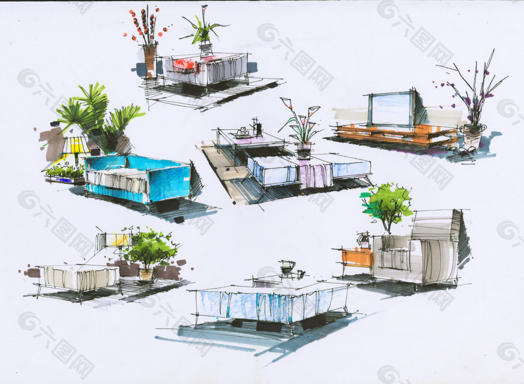 小品图色稿室内设计手绘图片素材