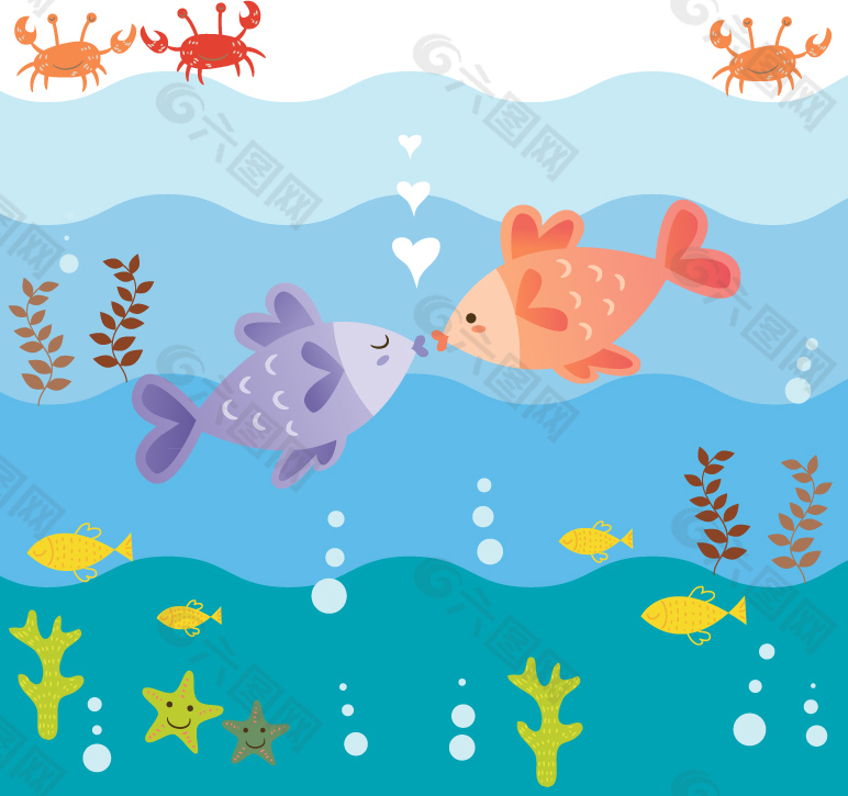 卡通水中亲吻的鱼矢量素材平面广告素材免费下载(图片编号:4903081)