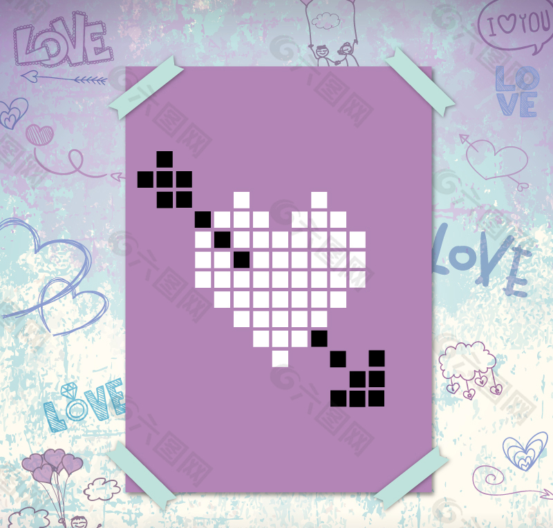 紫色像素风格爱心卡片矢量素材
