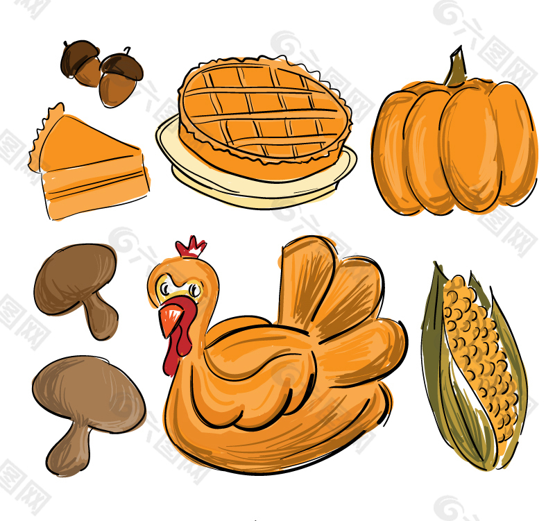 7款彩绘感恩节食物矢量素材.