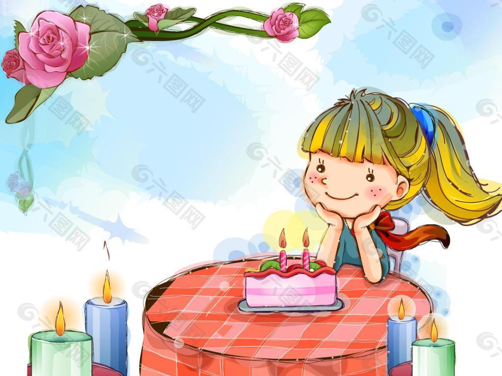 生日蛋糕单人女孩吹蜡烛气氛竖图插画图片-千库网