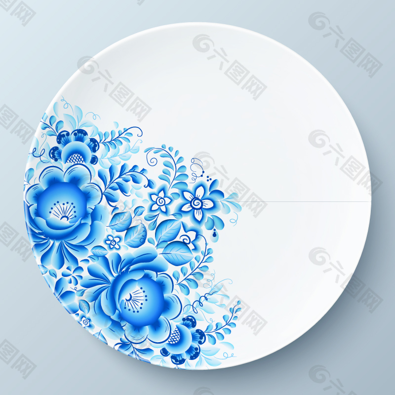 蓝花装饰白瓷盘矢量素材.
