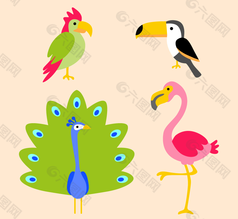 4种彩色卡通鸟设计矢量素材.