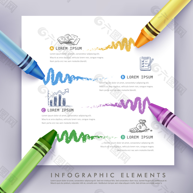四色蜡笔涂鸦商务信息图矢量素材