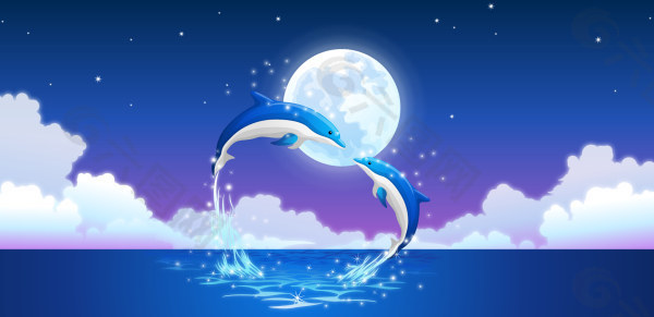 月光下的海豚矢量素材
