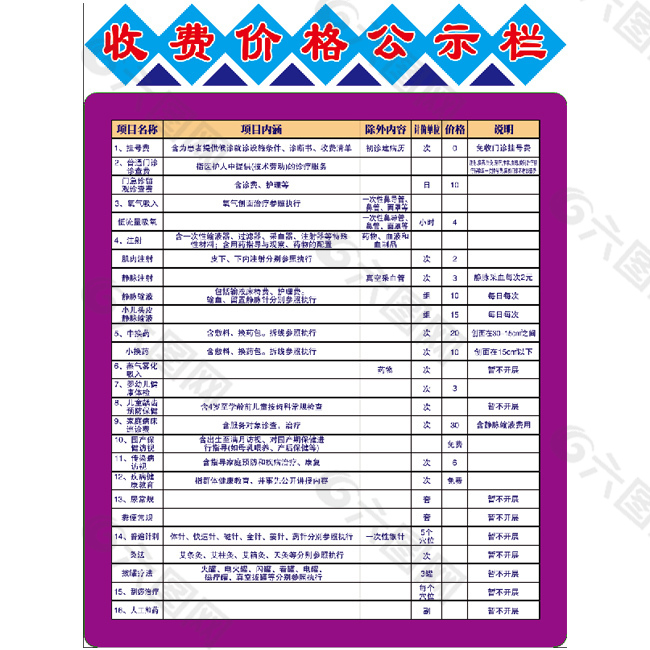 紫色医院收费价格公示栏展板