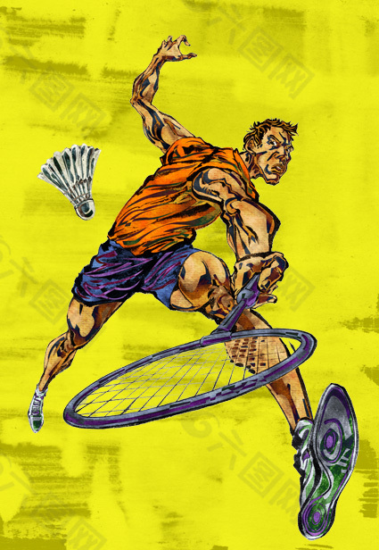 黄色背景打网球的男子psd图