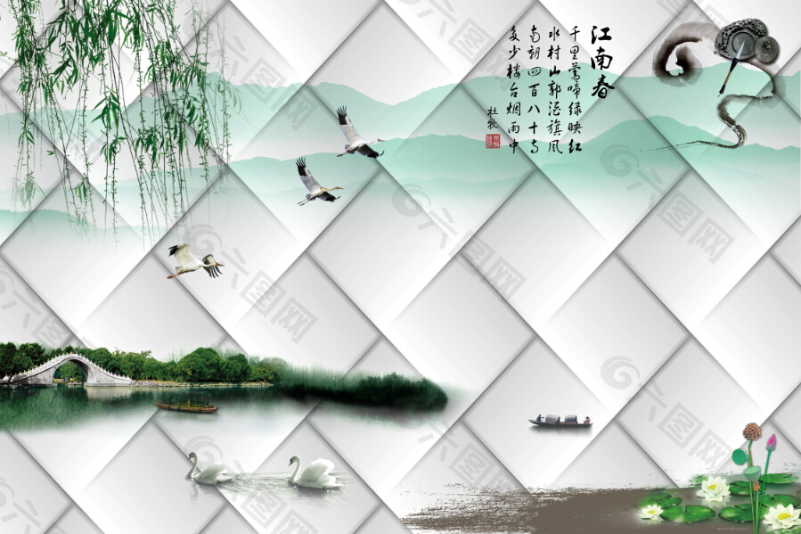 江南春中国风软包背景墙素材