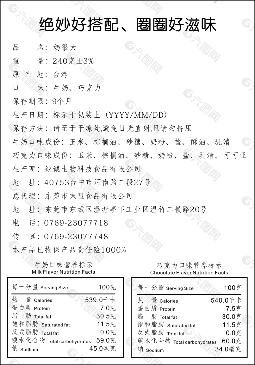 台湾奶很大甜甜圈商品中文标签