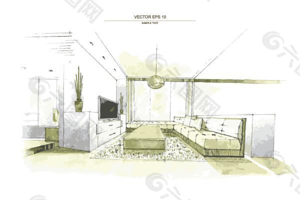 手绘客厅装修图矢量图