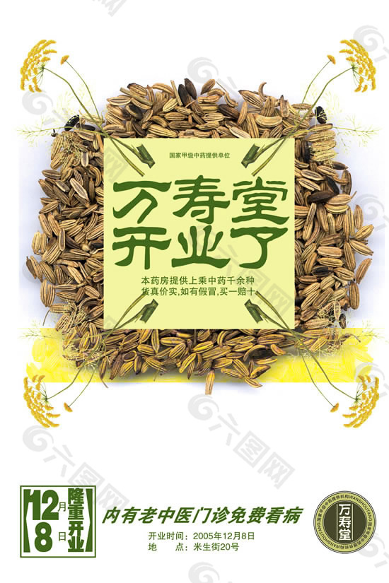 中草药房药店开业告示海报