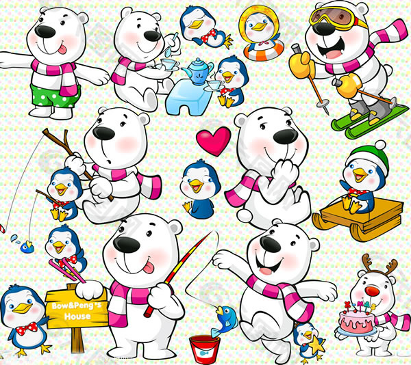 可爱的卡通北极熊企鹅psd分层素材