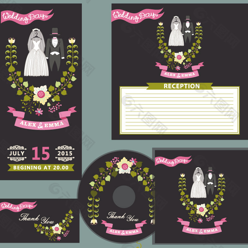 婚礼卡片与CD封面矢量素材