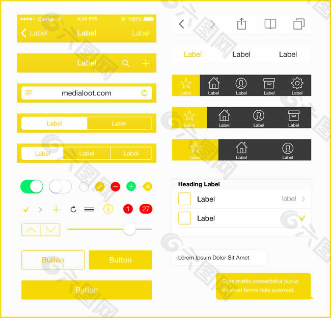 黄色风格手机UI工具包psd素材