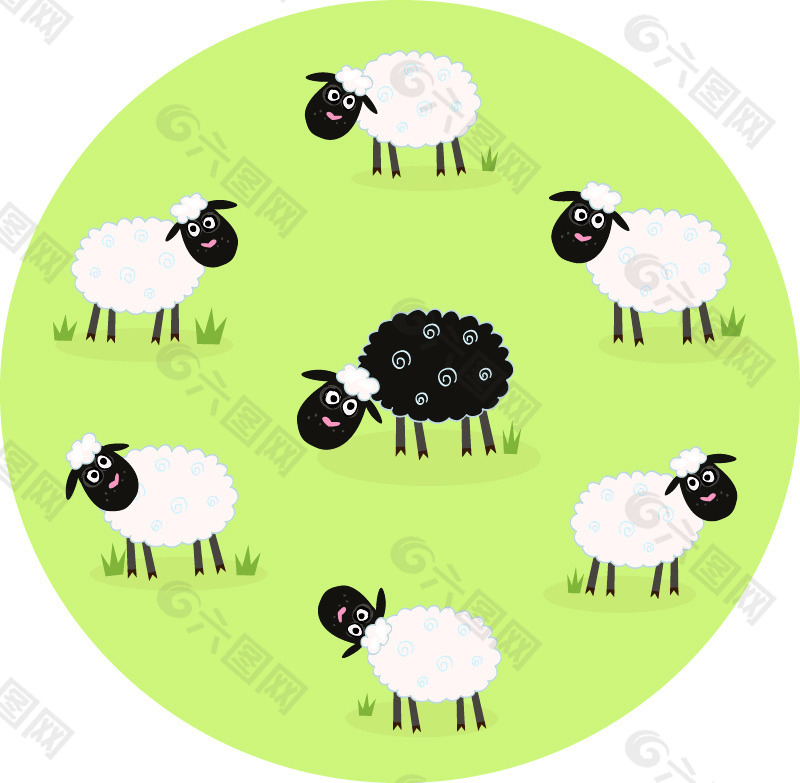 卡通吃草的绵羊群矢量素材