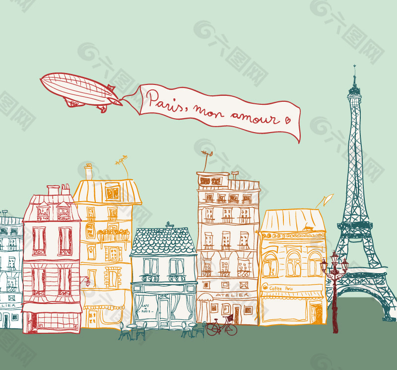 彩绘巴黎街道风景矢量素材