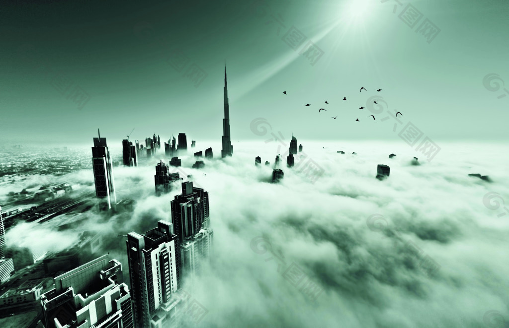 科幻大气天空云海建筑现代都市
