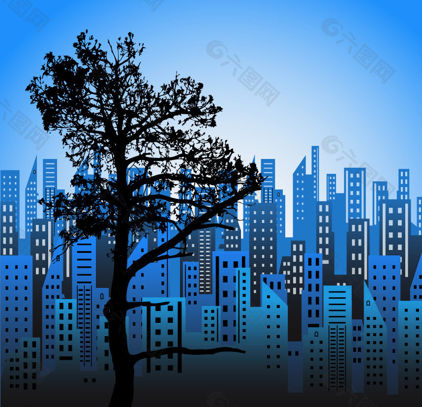 城市建筑群 树木图片