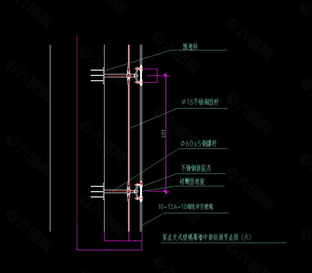 玻璃幕墙中部纵剖节点图图片