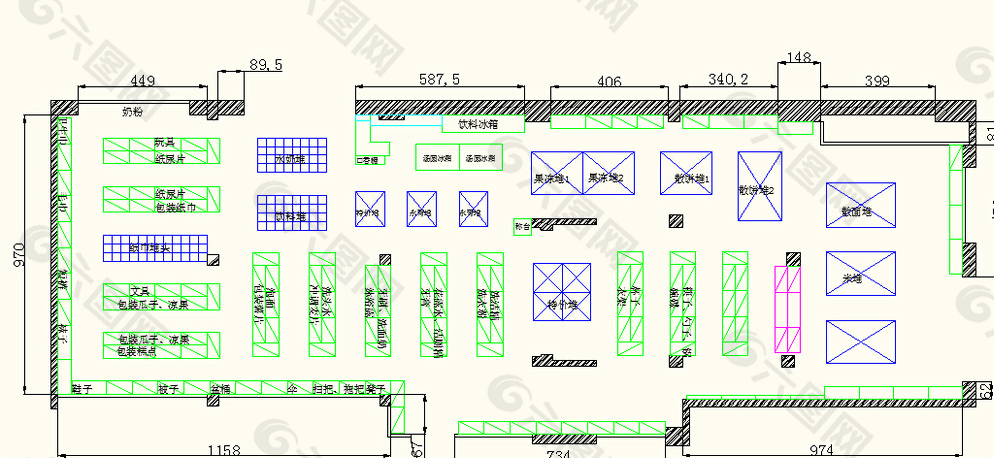 超市货架cad平面图图片