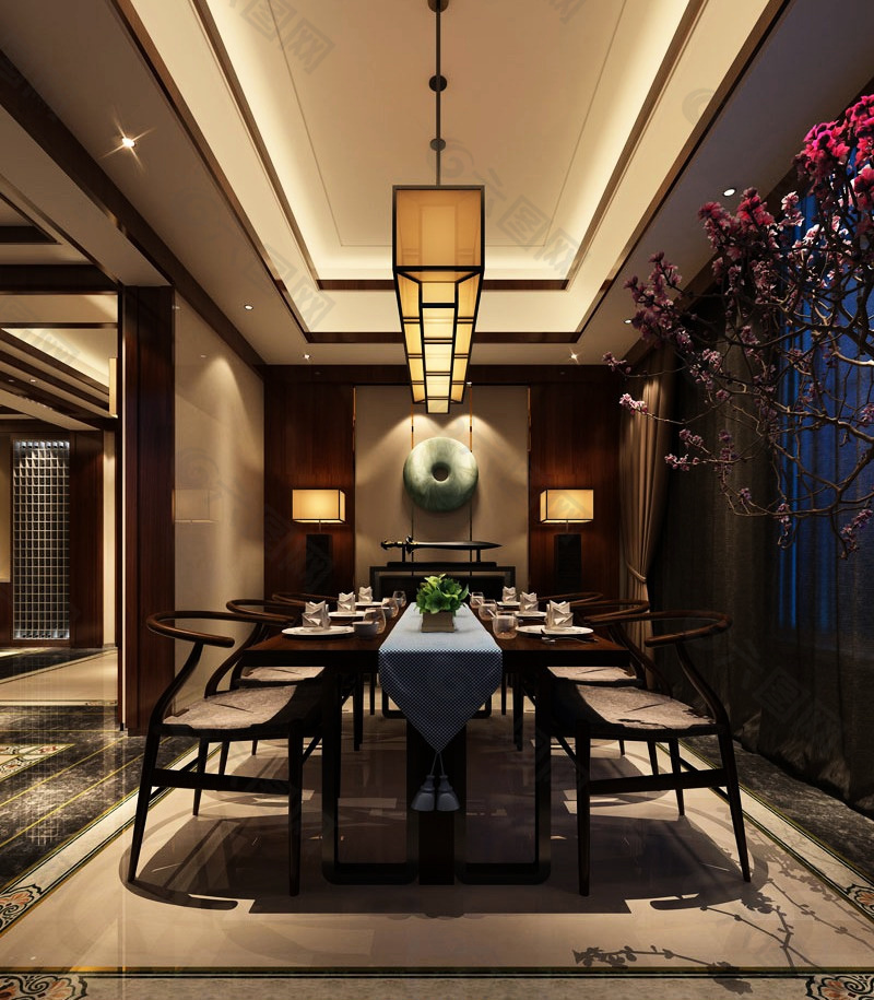 中式餐厅效果图吊顶舍内设计3D模型效果图