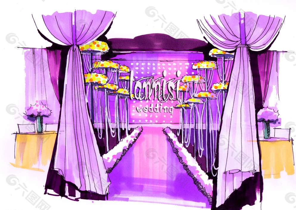 梦幻紫色系婚礼手绘效果图图片