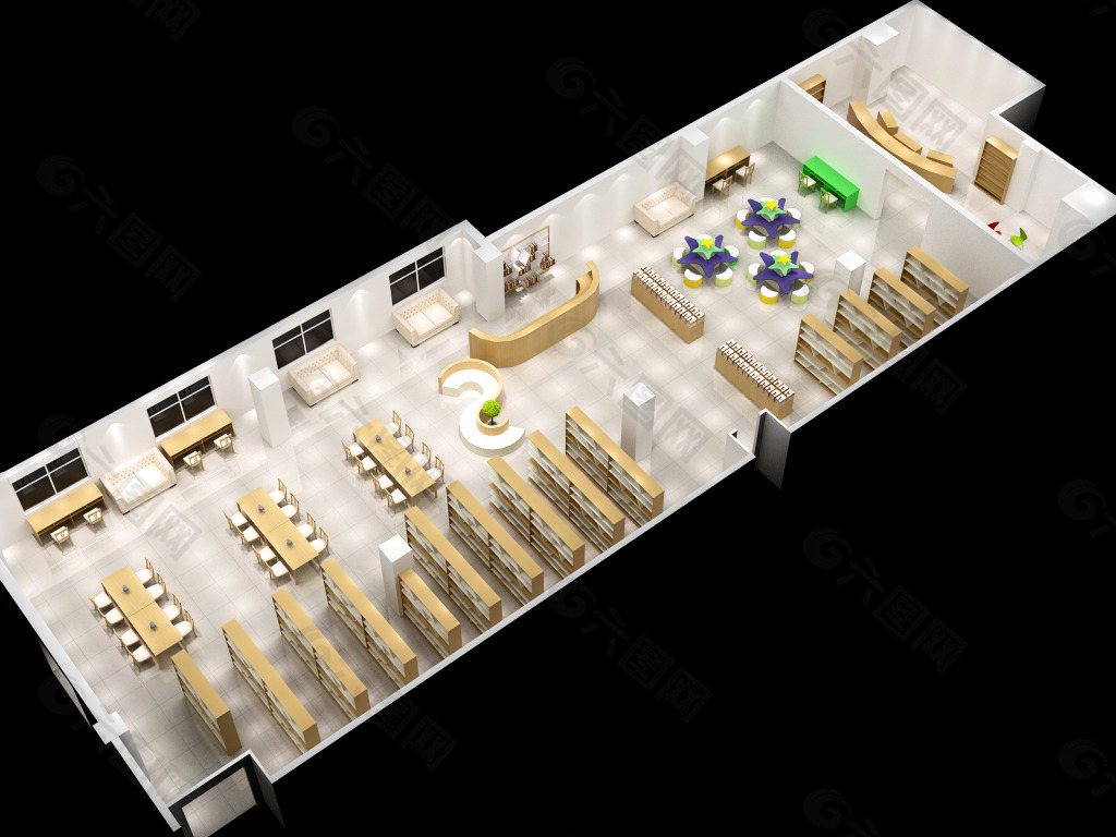 家具行业室内3D图书馆效果模型示意图