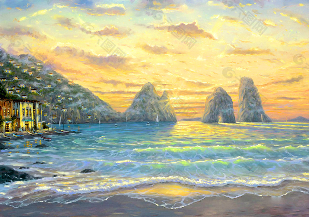 托马斯后现代风格海边夕阳落日风景油画装饰装修素材免费下载(图片编号 