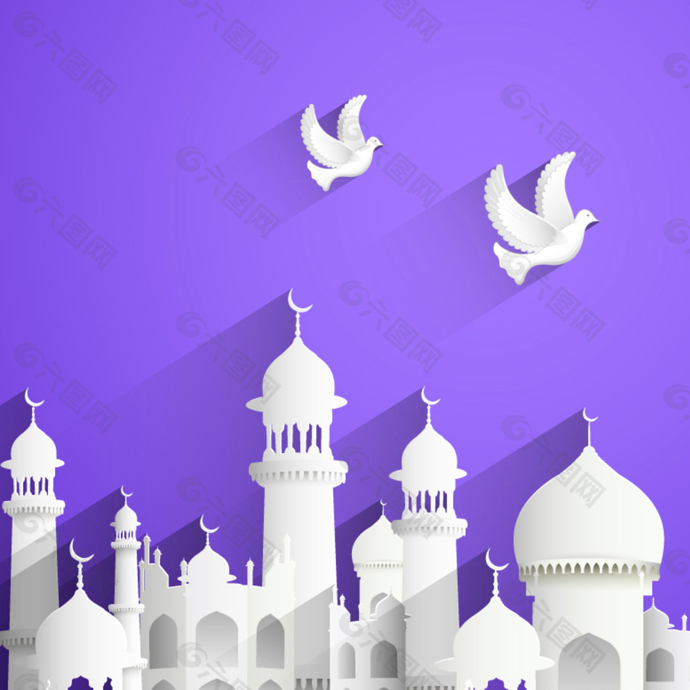 创意伊斯兰建筑与白鸽矢量素材图片