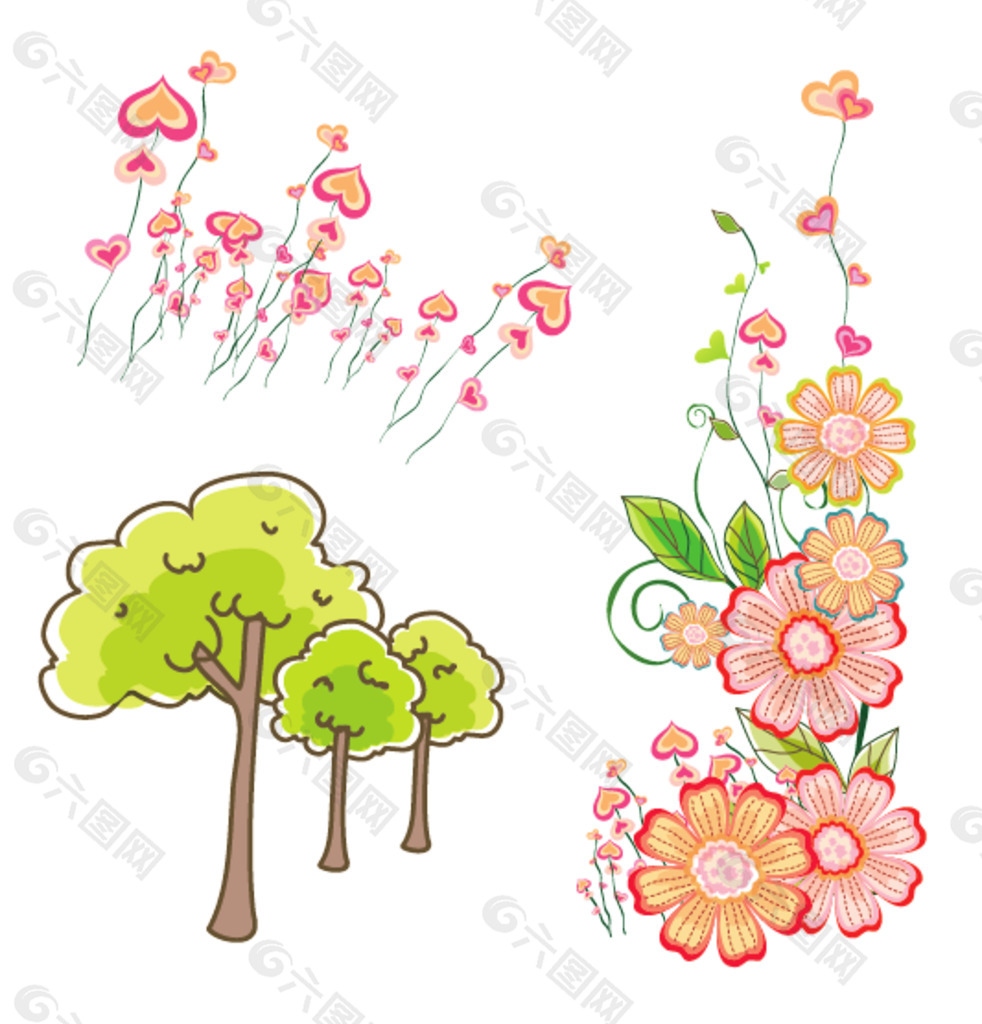 卡通树木 花朵 心形图片