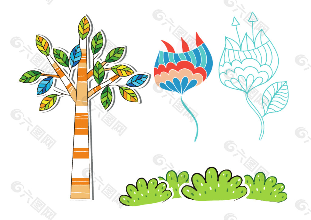 树木 插画 花朵图片