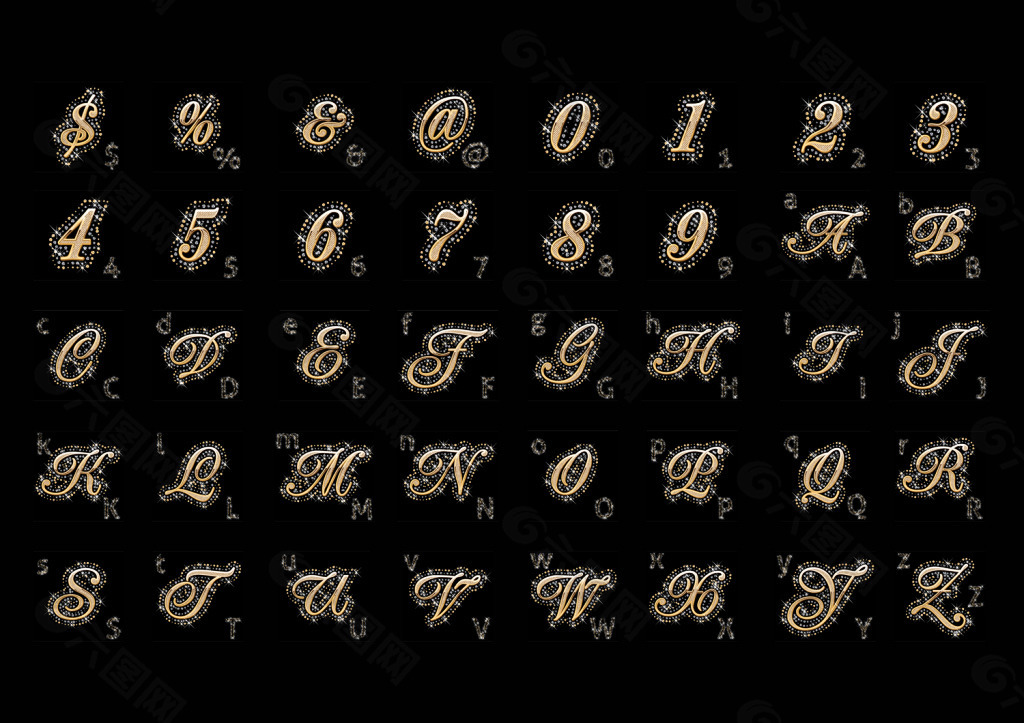 钻石镶嵌在英文字母阿拉伯数字和符号矢量