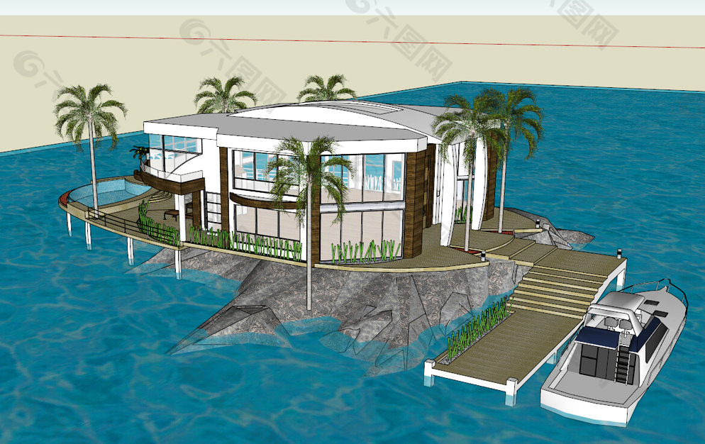 SU景观模型 滨水别墅模型图片