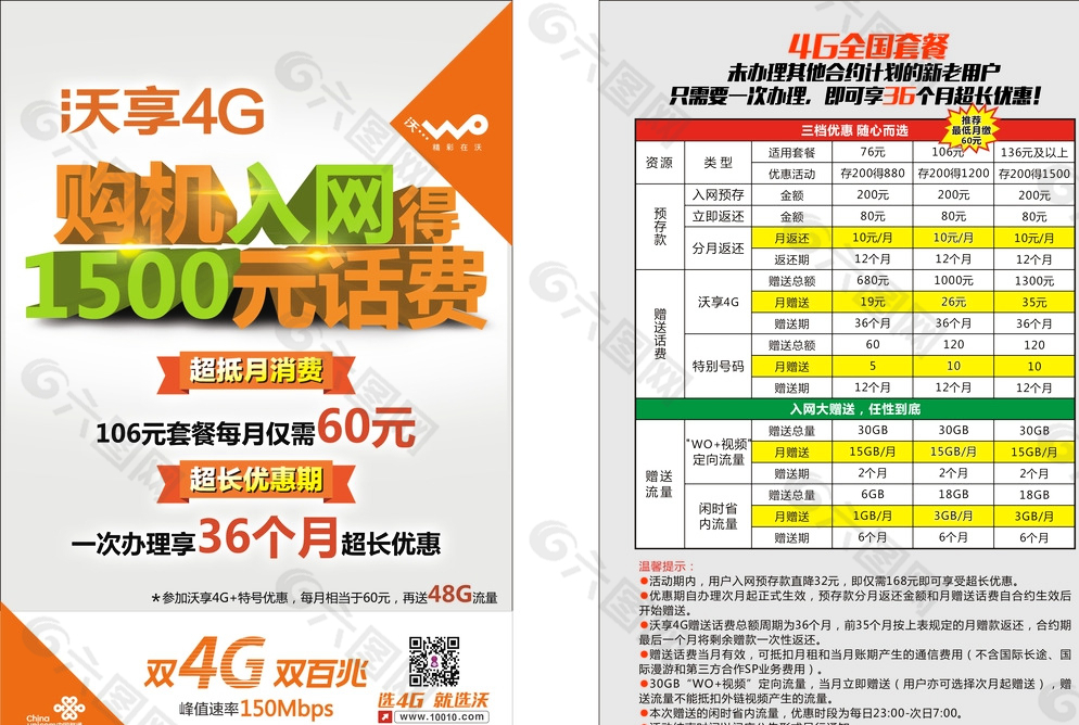 中国联通沃4G单张图片