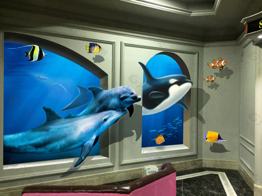游出墙面的海豚3D画